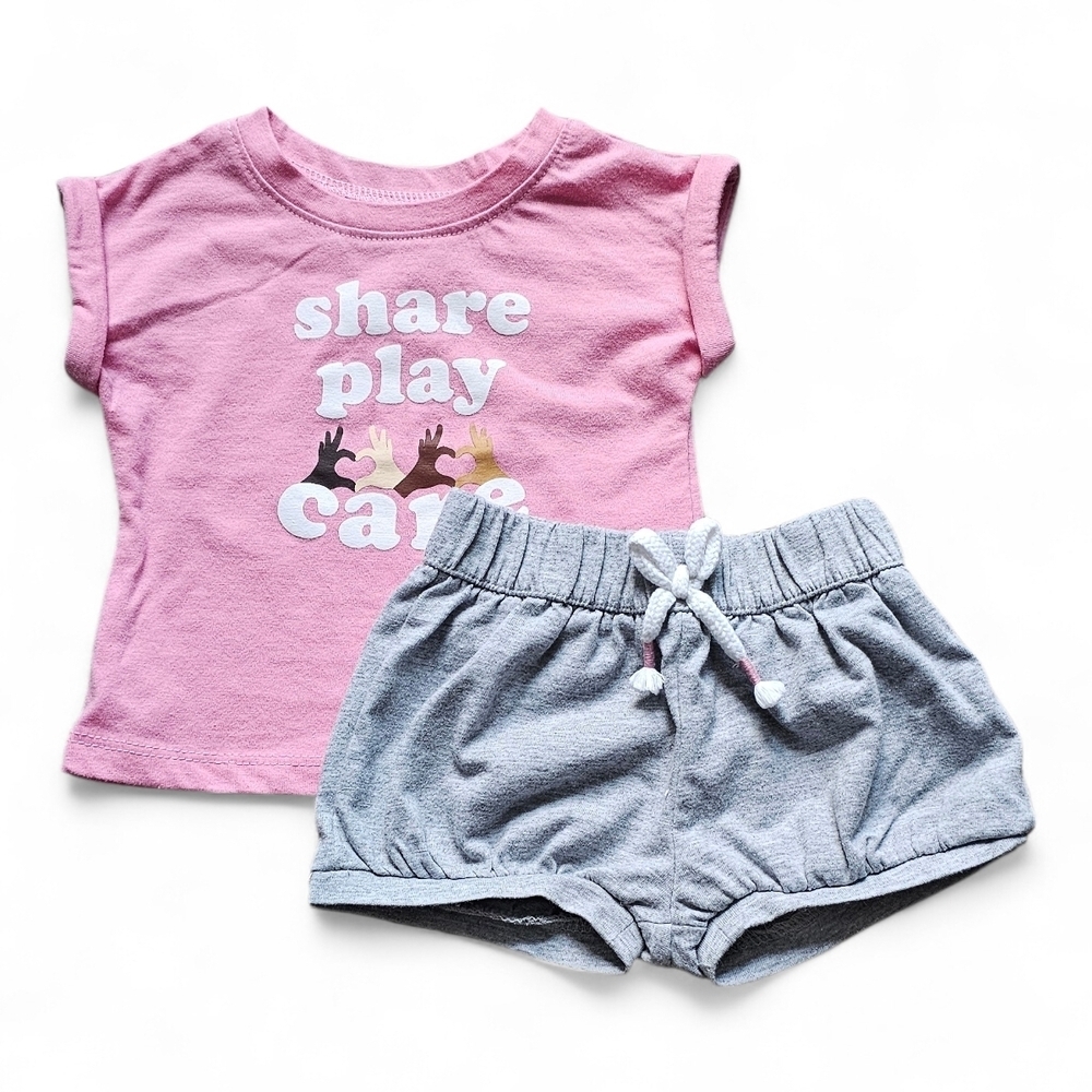 Okie Dokie “Share Play Care” Pink Tee & Gray Shorts Baby Outfit Set Size 3M